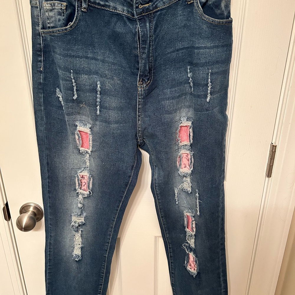 Distressed Blue Jeans with Pink Accents - Picture 2 of 3